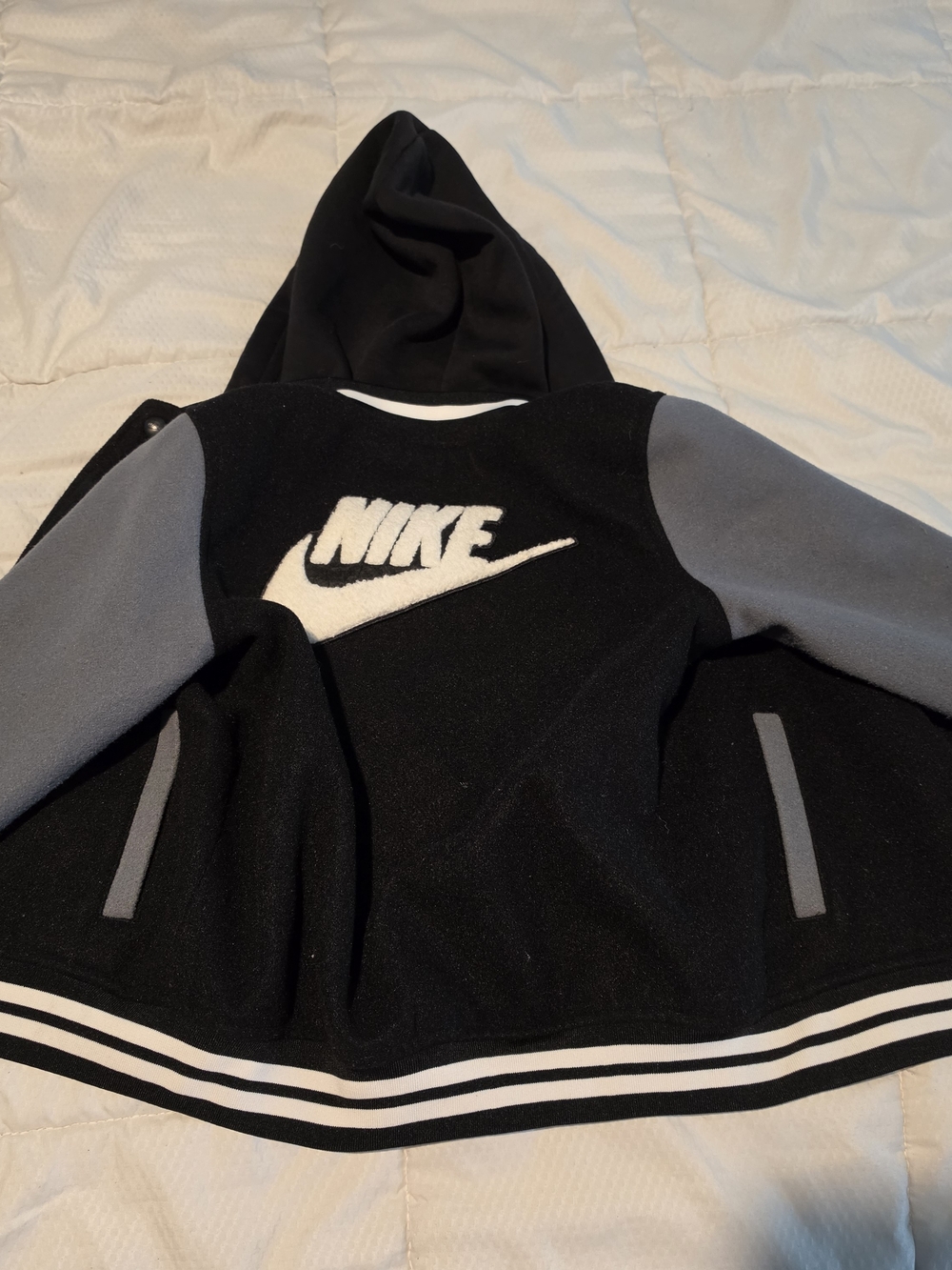 Nike Black Hoodie Jacket with Gray Sleeves and White Logo